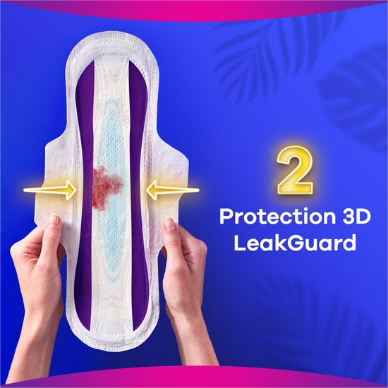 Always Platinum maandverband met paarse kern en vleugels. "Protection 3D LeakGuard".