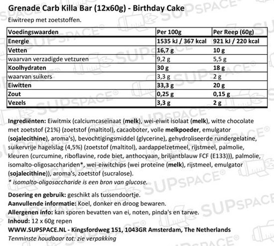 Grenade Carb Killa Bars - Proteïne Repen - Birthday Cake - 12 Eiwitrepen (720 gram) — afbeelding 2