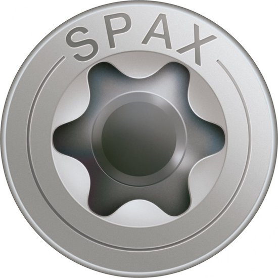 Gedetailleerde close-up van de SPAX Torx 20 platkop van een RVS schroef.
