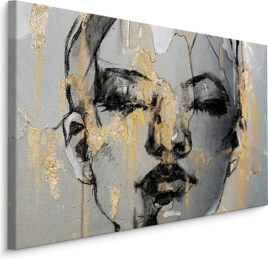 Schilderij - Vrouw omringt door Goud, zwart/grijs, Premium Print