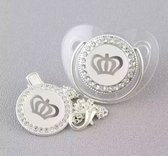 Fopspeen met clip - 0 - 6 Maanden - Zilver - Silica gel - Luxe fopspeen met diamanten - Kroon fopspeen