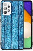 Telefoonhoesje Geschikt voor Samsung Galaxy A52 | A52s (5G/4G) Backcase Siliconen Hoesje met Zwarte rand Wood Blue