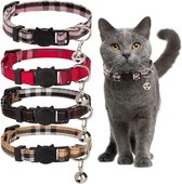 Ruiten Katten Halsbanden | 4 Stuks | Kattenband | Kattenhalsband met belletje | Kattenhalsbandjes met veiligheidssluiting in dé klassieke ruit