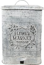 Clayre & Eef Pedaalemmer 26*26*36 cm Grijs Metaal Bloemen Flower Market Prullenbak Afvalemmer