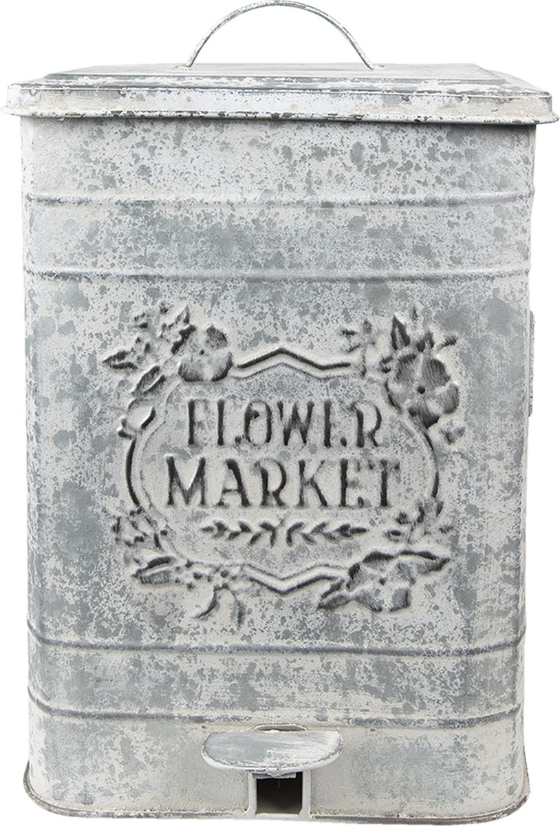 Clayre & Eef Pedaalemmer 26x26x36 cm Grijs Metaal Bloemen Flower Market Prullenbak