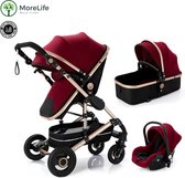 MoreLife Kinderwagen | 3-in-1 Kinderwagen | Buggy | Kinderwagen met stoel en wieg | Hoge Kwaliteit | Complete Set | Wijn Rood