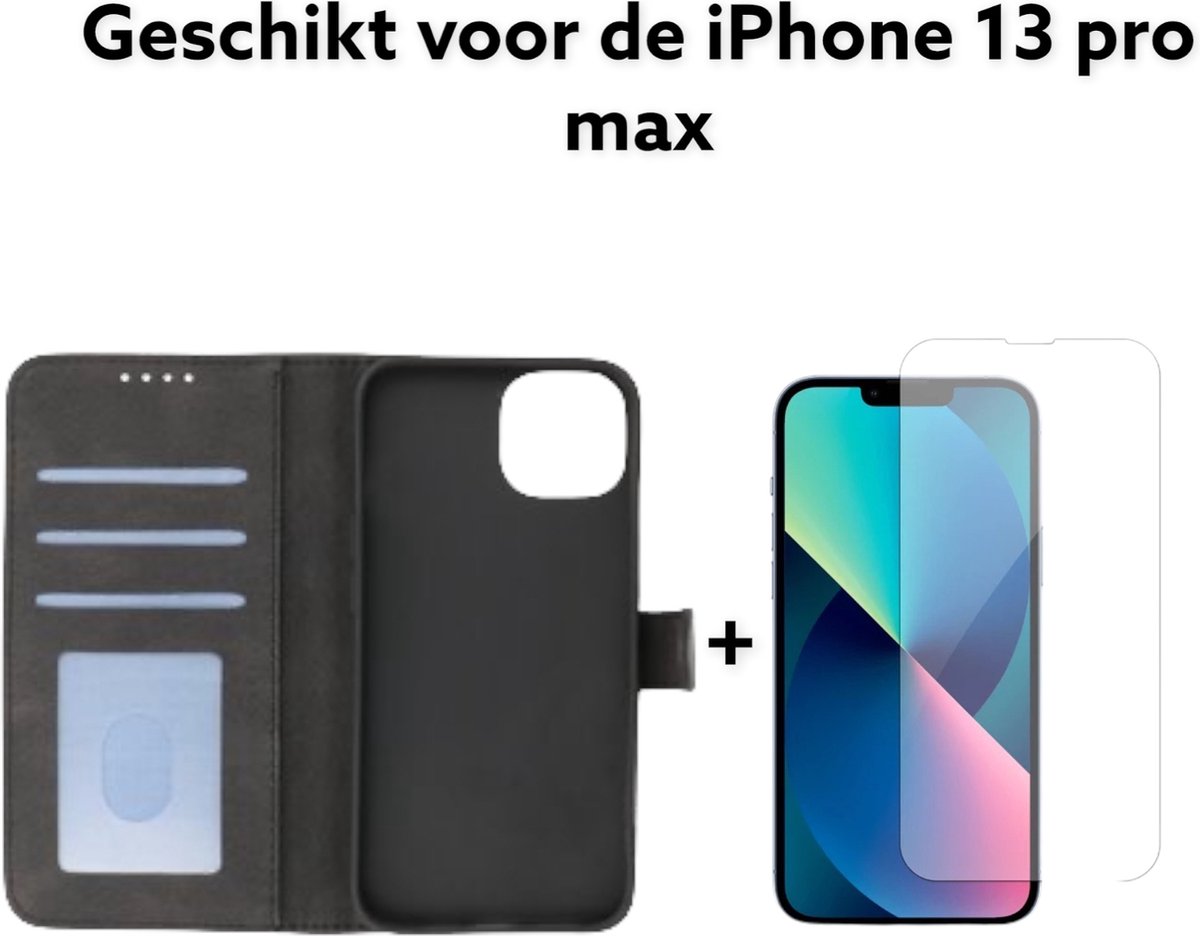 Apple Iphone 13 pro max hoesje bookcase black met pas houder + screen protector / iphone 13 pro max hoesje book case zwart met kaart houder + tempert glass protectie