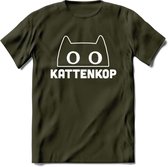 Kattenkop - Katten T-Shirt Kleding Cadeau | Dames - Heren - Unisex | Kat / Dieren shirt | Grappig Verjaardag kado | Tshirt Met Print | - Leger Groen - XXL