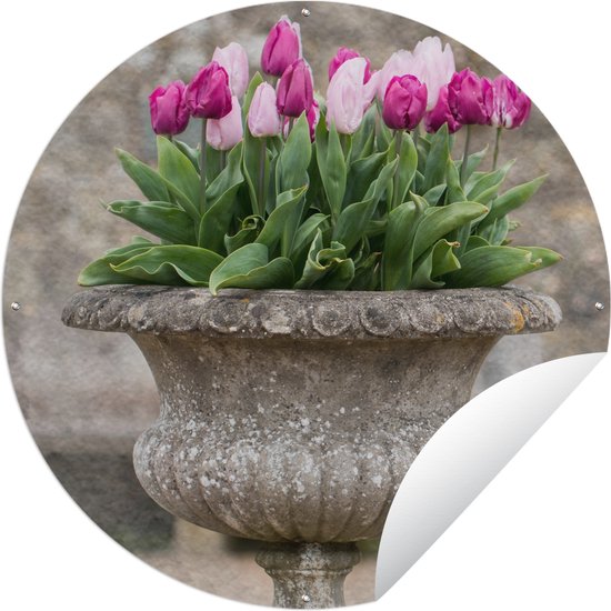 Tuincirkel Een stenen plantenbak met roze tulpen - 120x120 cm - Ronde Tuinposter - Buiten XXL / Groot formaat!