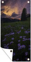 Tuinposter Rocky Mountains - Bloemen - Schemer - 40x80 cm - Wanddecoratie Buiten - Tuinposter - Tuindoek - Schuttingposter - Tuinschilderij