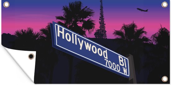 Tuinposter Een illustratie van een straatnaam in Hollywood tijdens de schemering - 60x30 cm - Tuindoek - Buitenposter