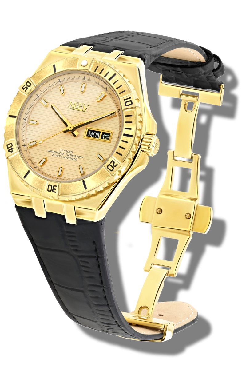 NEEV - Colmann | Goud horloge | Horloges voor Mannen | Ø42 mm | Leren band zwart | Vlindersluiting | Quartz | Polshorloges heren