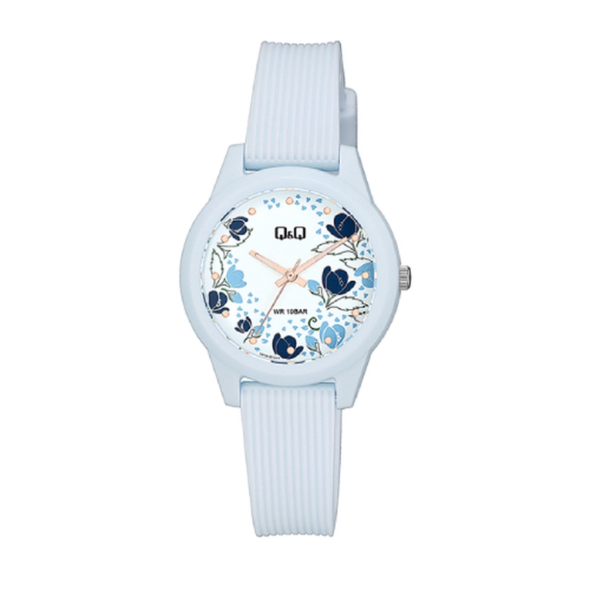 QQ V01A-013VY - Horloge - Sport - Analoog - Dames - Vrouwen - Plastic band - Rond - Kunststof - Bloemetjes - Lichtblauw - 10 ATM