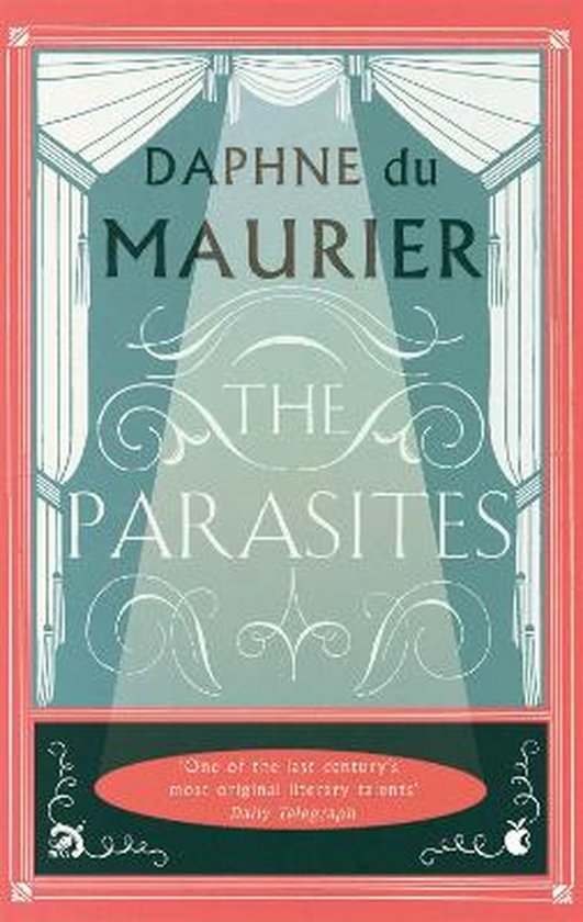 Boek 'The Parasites' van Daphne du Maurier, met een podium-achtige illustratie in blauw-groene en rode tinten.
