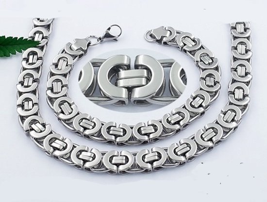 Pronkjuweel  stainless steel platte koningschakel ketting 60cm en armband 22 cm  4410