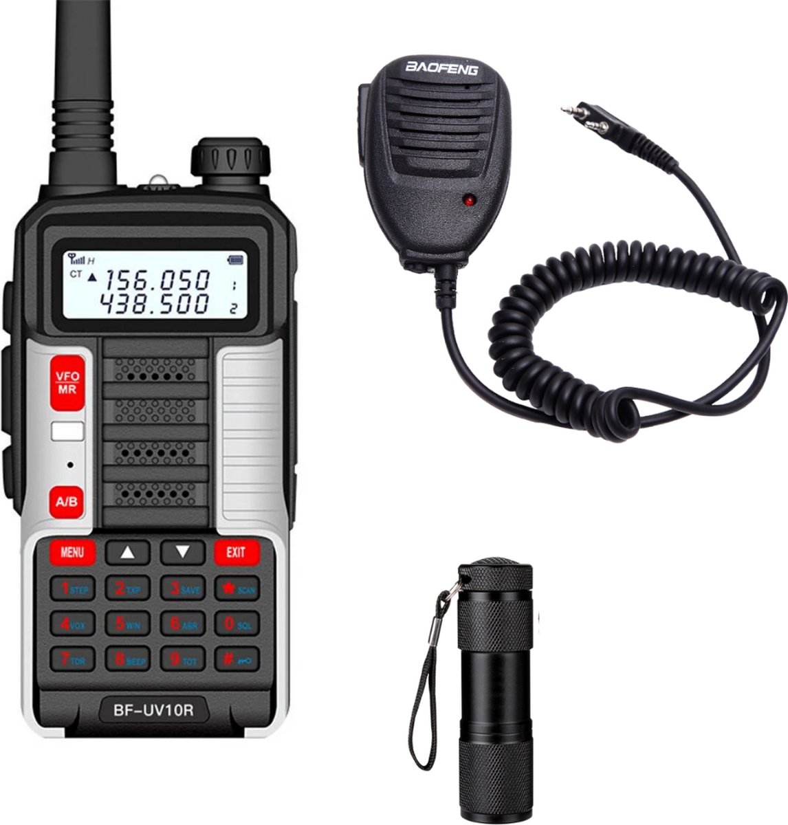 Baofeng UV-10R Walkie Talkie - UHF & VHF - 10W - Verlichte LCD Scherm & Toetsenbord - 128 Kanalen - 15KM Bereik - Waterproof - Zilver - Incl. Microfoon & Mini Zaklamp