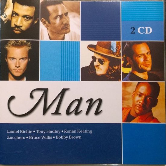 Hoes van "Man" 2 CD met foto's van Lionel Richie, Tony Hadley, Ronan Keating, Zucchero, Bruce Willis en Bobby Brown.