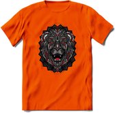 Leeuw - Dieren Mandala T-Shirt | Rood | Grappig Verjaardag Zentangle Dierenkop Cadeau Shirt | Dames - Heren - Unisex | Wildlife Tshirt Kleding Kado | - Oranje - XL