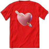 Valentijn Hart met pijl T-Shirt | Grappig Valentijnsdag Cadeautje voor Hem en Haar | Dames - Heren - Unisex | Kleding Cadeau | - Rood - M