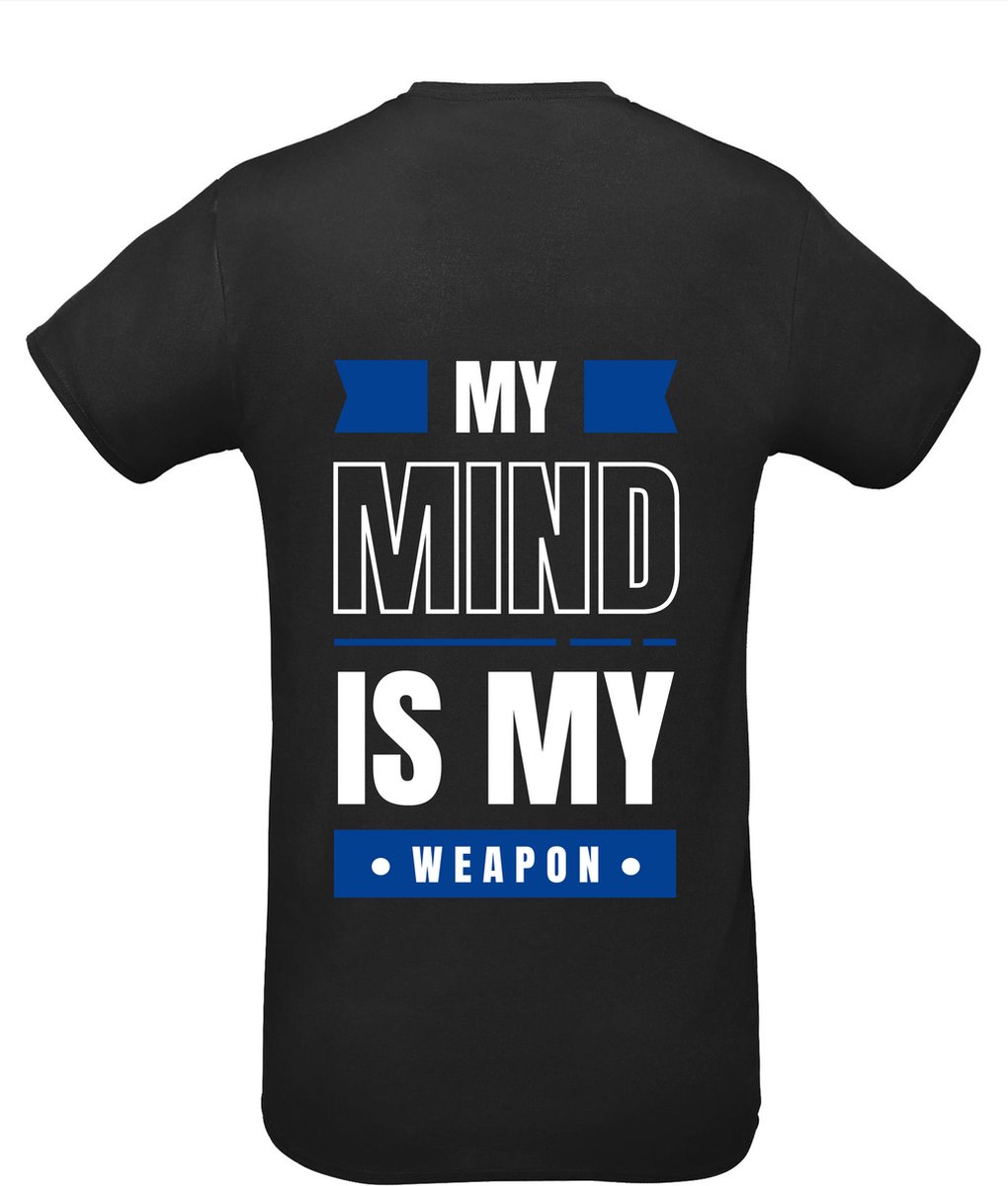 Huurdies Sportshirt | My mind is my weapon | maat L | Bedrukkingskleur Blauw | shirt zwart