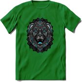 Leeuw - Dieren Mandala T-Shirt | Lichtblauw | Grappig Verjaardag Zentangle Dierenkop Cadeau Shirt | Dames - Heren - Unisex | Wildlife Tshirt Kleding Kado | - Donker Groen - XXL