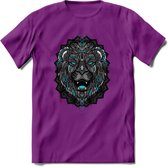 Leeuw - Dieren Mandala T-Shirt | Lichtblauw | Grappig Verjaardag Zentangle Dierenkop Cadeau Shirt | Dames - Heren - Unisex | Wildlife Tshirt Kleding Kado | - Paars - M