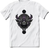 Bizon - Dieren Mandala T-Shirt | Paars | Grappig Verjaardag Zentangle Dierenkop Cadeau Shirt | Dames - Heren - Unisex | Wildlife Tshirt Kleding Kado | - Wit - 3XL