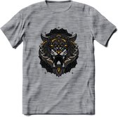 Tijger - Dieren Mandala T-Shirt | Geel | Grappig Verjaardag Zentangle Dierenkop Cadeau Shirt | Dames - Heren - Unisex | Wildlife Tshirt Kleding Kado | - Donker Grijs - Gemaleerd -
