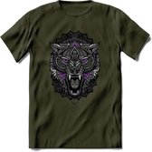 Wolf - Dieren Mandala T-Shirt | Paars | Grappig Verjaardag Zentangle Dierenkop Cadeau Shirt | Dames - Heren - Unisex | Wildlife Tshirt Kleding Kado | - Leger Groen - S