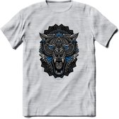 Wolf - Dieren Mandala T-Shirt | Blauw | Grappig Verjaardag Zentangle Dierenkop Cadeau Shirt | Dames - Heren - Unisex | Wildlife Tshirt Kleding Kado | - Licht Grijs - Gemaleerd - 3X