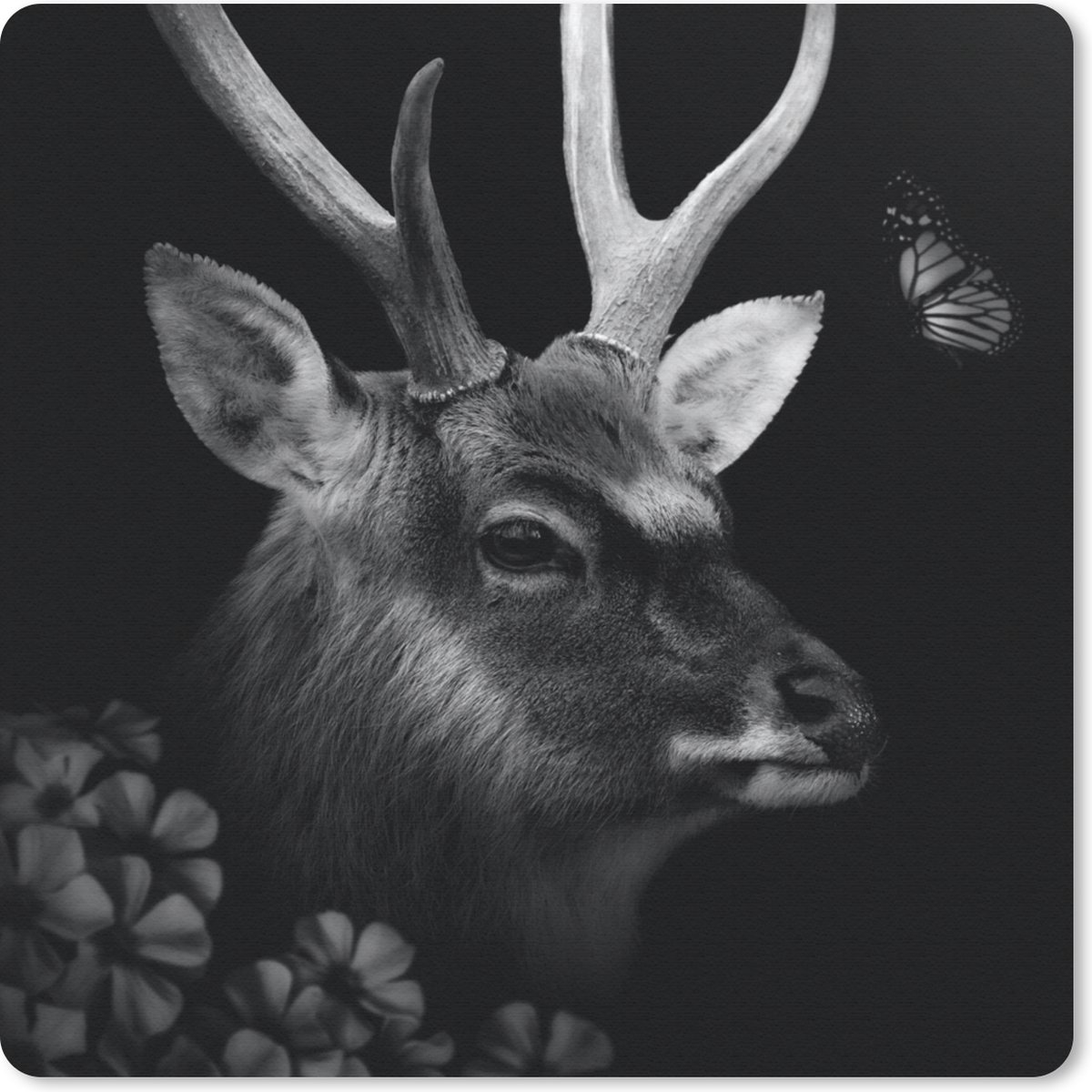 Muismat 20x20 cm - Mousepad Dieren - Hert - Jungle - Zwart - Wit - Muismatten