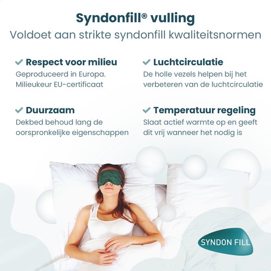 Een vrouw slaapt onder een wit dekbed. 'Syndonfill vulling' met voordelen: milieuvriendelijk, duurzaam, luchtcirculatie, temperatuurregeling.