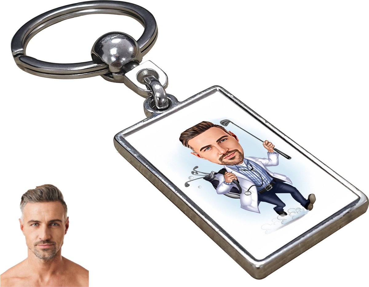 Golf Karikatuur Man - Gepersonaliseerde Karikatuur Sleutelhanger met Jouw Foto- Cadeau - Verjaardag - Kerst - Kado - Valentijn - Vaderdag - Vaderdag cadeautje - Vaderdag cadeau voor papa - Gepersonaliseerd Cadeau