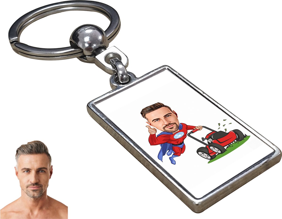 Grasmaaier Karikatuur - Gepersonaliseerde Karikatuur Sleutelhanger met Jouw Foto - Cadeau - Verjaardag - Kerst - Kado - Valentijn - Vaderdag - Vaderdag cadeautje - Vaderdag cadeau voor papa - Gepersonaliseerd Cadeau