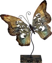Mayer | Metaalfiguur met Parelmoer | Vlinder | Handgemaakt Metaal | Brons-Groen-blauw Metallic | staand 29 x 23 cm