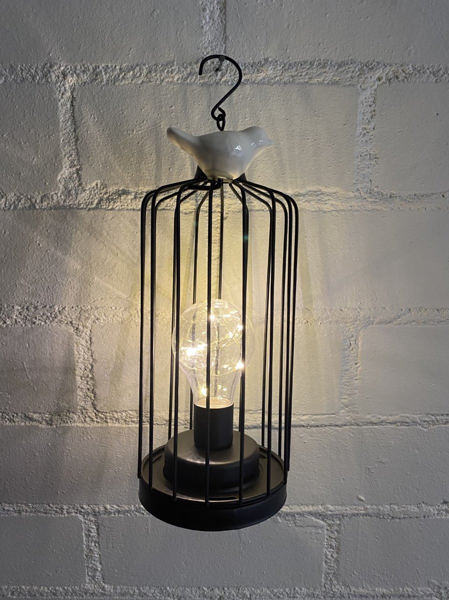 Industriële metalen lamp met vogel - zwart - 27 cm hoog x dia 11 x 10 cm - Hang of tafelmodel - Decoratieve verlichting