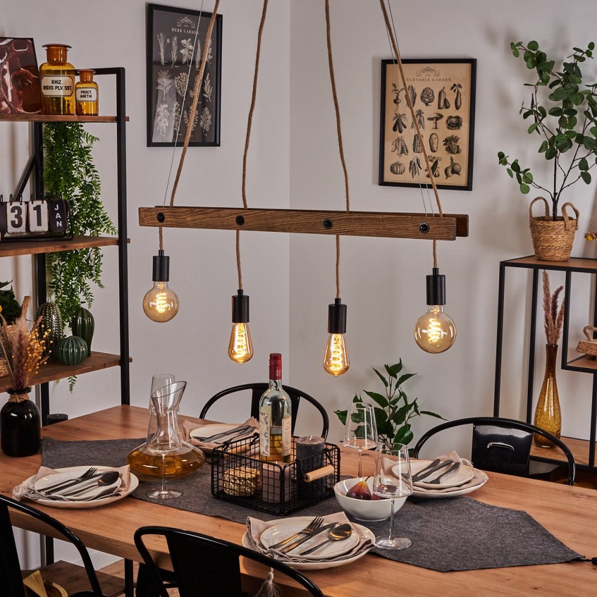 Belanian.nl - Industrieel, vintage hanglamp zwart, donker hout, 4 lichts,Scandinavisch Boho-stijl E27 fitting hanglamp,Eetkamer hanglamp,keuken hanglamp,slaapkamer hanglamp,woonkamer hanglamp