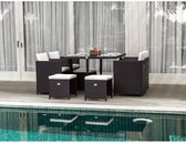 CARIOCA2 Jaridn diner set - tafel 110x110cm glazen blad + 4 fauteuils en 4 poefs in gevlochten hars - zwart