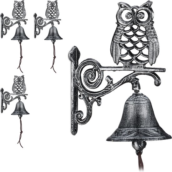 4x deurbel gietijzer - tuinbel uil - vintage tuindecoratie zilver - buitenbel — afbeelding 2