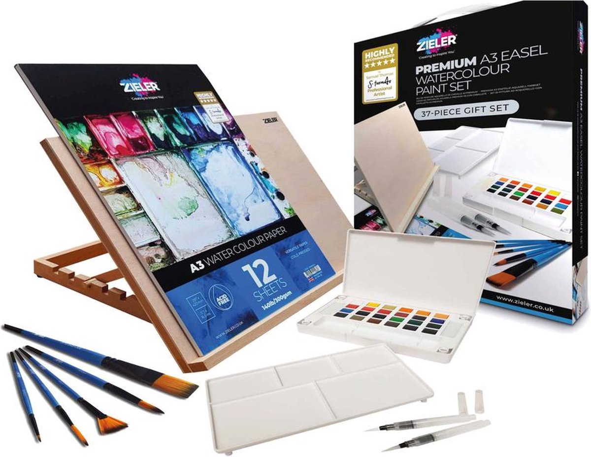 Zieler Aquarelverf Set - Met Schildersezel - Inclusief 5 Penselen, 2 Waterbrushes, Mengpalet, 24 Kleuren Waterverf & Aquarelpapier
