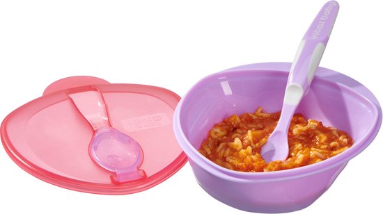 Vital baby - baby eetbakje - babykom - met deksel - met lepel - ook voor op reis - roze met paars -BPA vrij