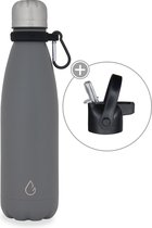 Wattamula Design eco RVS drinkfles - donkergrijs - extra dop met rietje en carrier - 500 ml - waterfles - thermosfles - sport