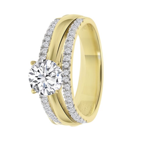 Lucardi Dames Goldplated ring met zirkonia - Ring - Cadeau - Moederdag - Echt Zilver - Goudkleurig