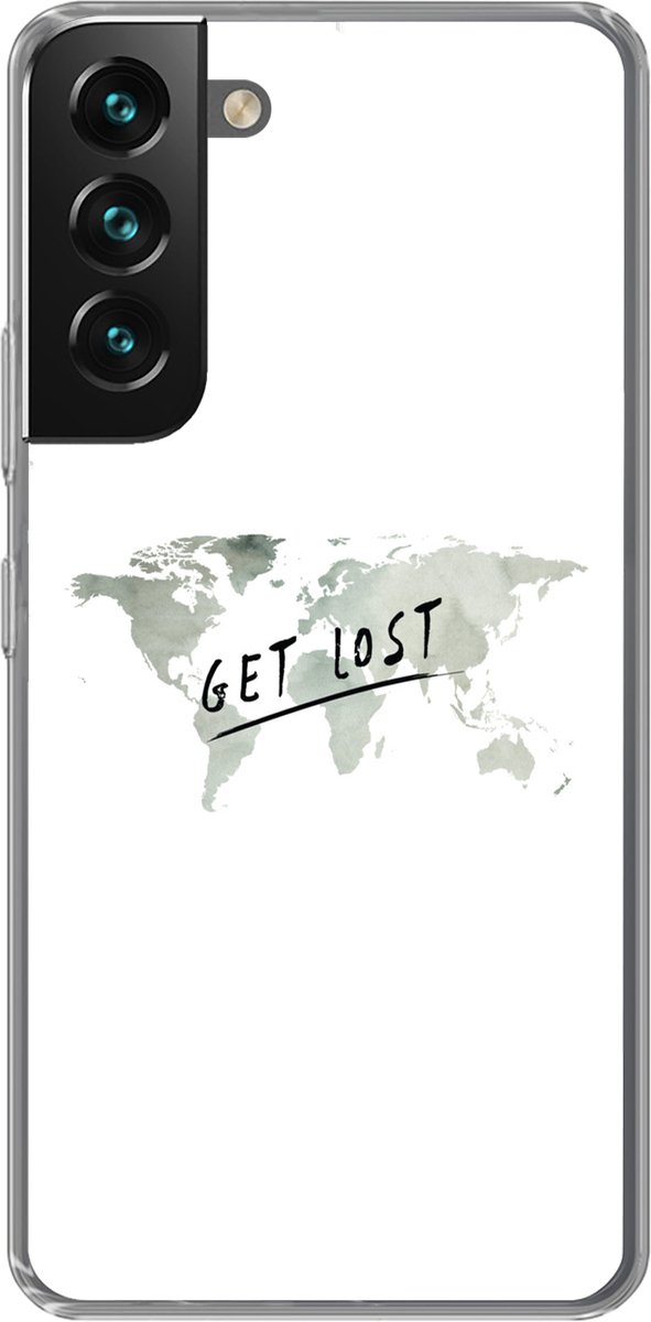 Telefoonhoesje Geschikt voor Samsung Galaxy S22 hoesje - Wereldkaart - Grijs - Quote - Siliconen Telefoonhoesje Telefoonhoesje