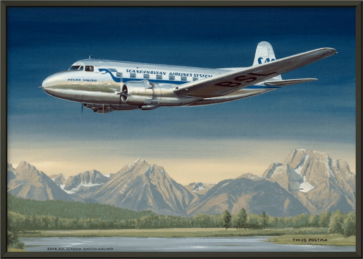 TP Aviation Art Thijs Postma - TP Aviation Art - Poster - Saab 90A Scandia SAS Zweden - 50x70cm - Frame Kleur