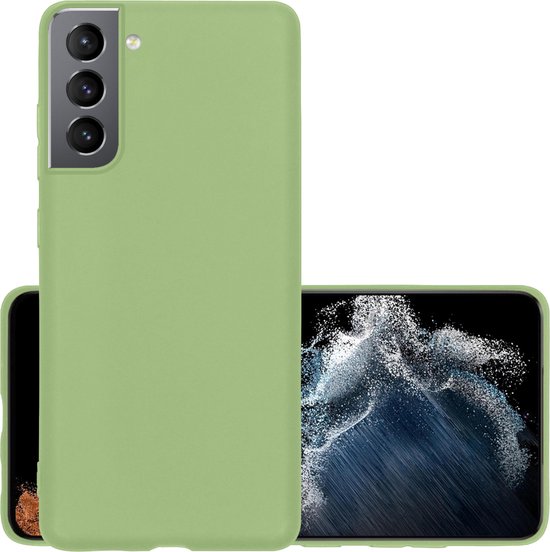 Coque de téléphone verte, arrière visible, à côté d'un téléphone avec un fond abstrait.