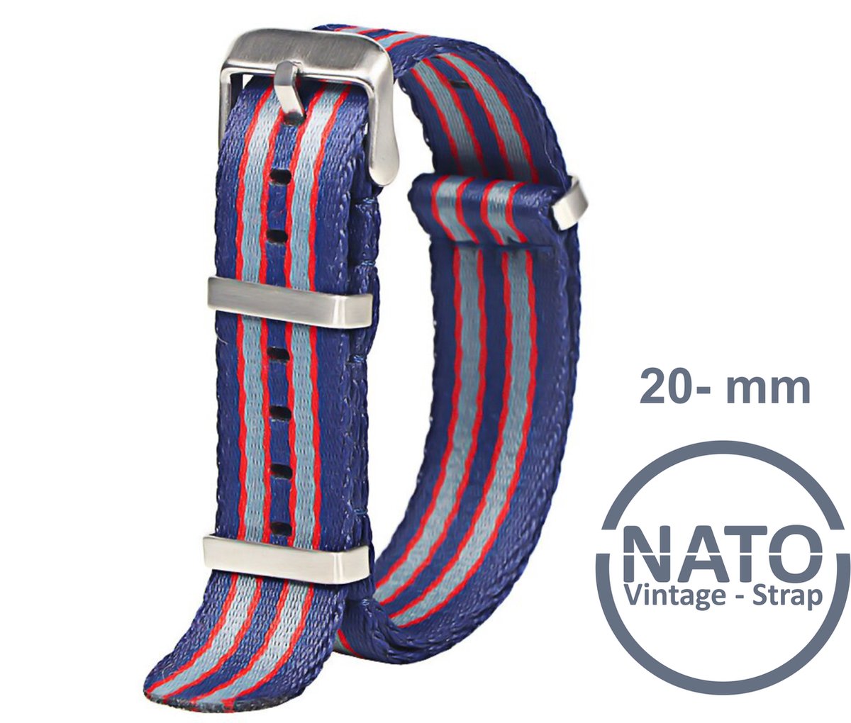 20mm Nato Strap BLAUW ROOD GRIJS- Vintage James Bond - Nato Strap collectie - Mannen - Horlogebanden - 20 mm bandbreedte