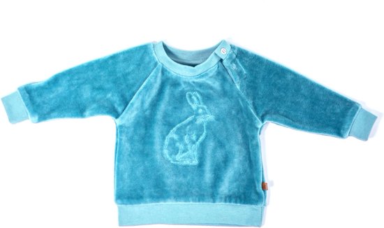 MXM Baby trui- Blauw- velours- Sweater- Katoen- Borduursel- Haas- Turquoise- Maat 86