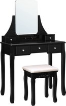 Furnibella - kaptafel, kaptafel met grote spiegel zonder lijst, cosmeticatafel, kaptafel, voor make-up, bekleed krukje, 5 laden, verplaatsbare opbergbox, zwart RDT25BK