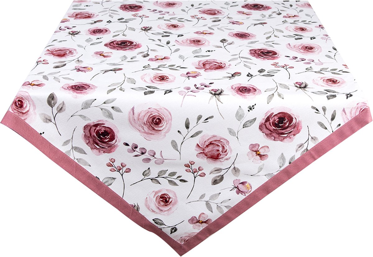 Clayre & Eef Tafelkleed 150x250 cm Wit Roze Katoen Rechthoek Rozen Tafellaken